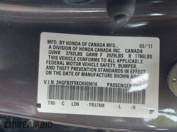 2012 Honda Civic EX-L with VIN 2HGFB2F9XCH505616, listed as a IAAI auction lot 41935511 with 62,298 mi miles and . Bid and sale history available at DreamBid. Image 9.