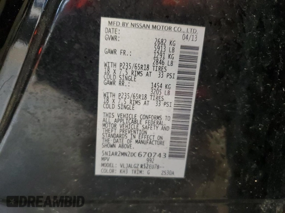 2013 Nissan Pathfinder SL with VIN 5N1AR2MN2DC670743, listed as a Copart auction lot 53782225 with 153,769 mi miles and Non Repairable. Bid and sale history available at DreamBid. Image 13.