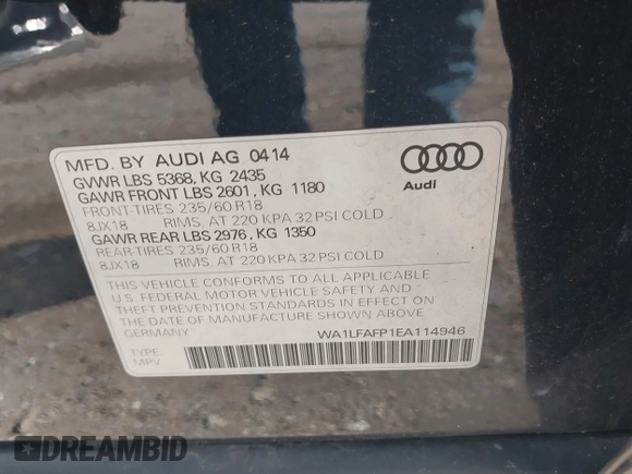 2014 Audi Q5 Premium Plus with VIN WA1LFAFP1EA114946, listed as a IAAI auction lot 42042556 with 190,787 mi miles. Bid and sale history available at carsss.com. Image 9.