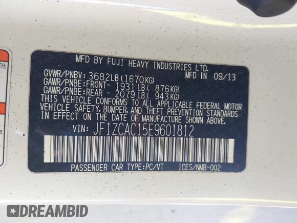 2014 Subaru BRZ Limited with VIN JF1ZCAC15E9601812, listed as a IAAI auction lot 41327335 with 97,406 mi miles. Bid and sale history available at carsss.com. Image 9.