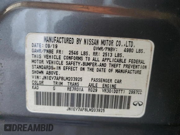 2020 Infiniti Q50 Pure with VIN JN1EV7AP8LM203925, listed as a Copart auction lot 74701834 with Not provided miles and Salvage title. Bid and sale history available at DreamBid. Image 12.
