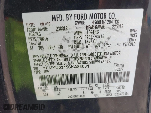 2006 Ford Escape XLT with VIN 1FMYU03156KA84031, listed as a IAAI auction lot 42276336 with 136,038 mi miles and . Bid and sale history available at DreamBid. Image 9.