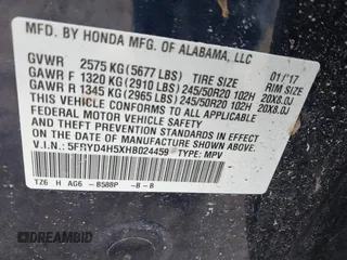 2017 Acura MDX w/Technology Pkg with VIN 5FRYD4H5XHB024459, listed as a IAAI auction lot 41703958 with 1 mi miles. Bid and sale history available at carsss.com. Image 9.