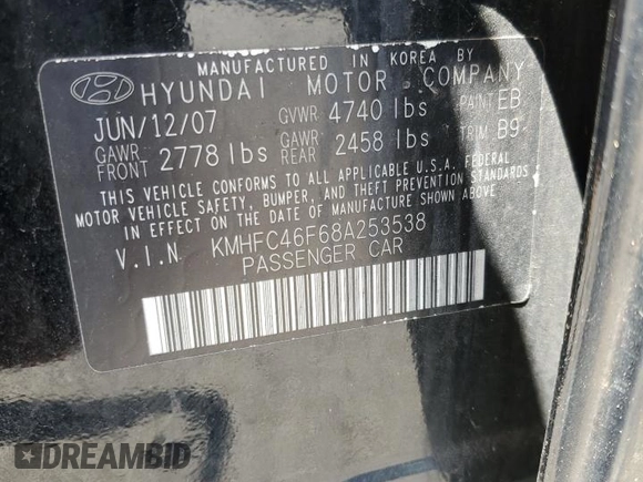 2008 Hyundai Azera Limited with VIN KMHFC46F68A253538, listed as a Copart auction lot 57653055 with 63,876 mi miles and Salvage title. Bid and sale history available at DreamBid. Image 12.