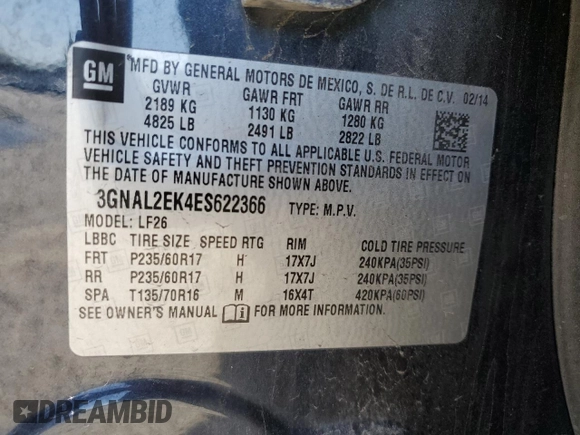 2014 Chevrolet Captiva Sport LS with VIN 3GNAL2EK4ES622366, listed as a Copart auction lot 53309555 with 73,561 mi miles and Salvage Title. Bid and sale history available at carsss.com. Image 13.