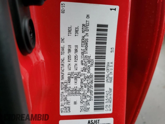 2015 Toyota Tundra 4WD Truck SR with VIN 5TFUM5F15FX061587, listed as a Copart auction lot 67532712 with 87,602 mi miles. Bid and sale history available at carsss.com. Image 12.