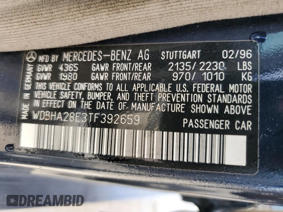 1996 Mercedes-Benz C with VIN WDBHA28E3TF392659, listed as a Copart auction lot 75169934 with Not Provided miles and Salvage Title. Bid and sale history available at carsss.com. Image 13.