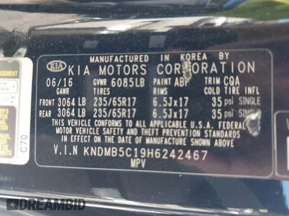 2017 Kia Sedona LX with VIN KNDMB5C19H6242467, listed as a IAAI auction lot 41836591 with 95,403 mi miles. Bid and sale history available at carsss.com. Image 9.