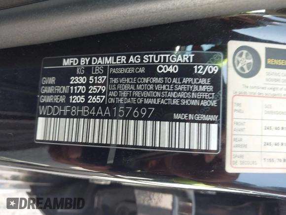 2010 Mercedes-Benz E-Class E 350 Luxury with VIN WDDHF8HB4AA157697, listed as a IAAI auction lot 42025686 with 205,626 mi miles. Bid and sale history available at carsss.com. Image 9.