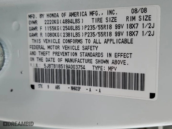 2009 Acura RDX Tech Pkg with VIN 5J8TB18519A003754, listed as a Copart auction lot 43311175 with 88,768 mi miles and Salvage Title. Bid and sale history available at carsss.com. Image 13.