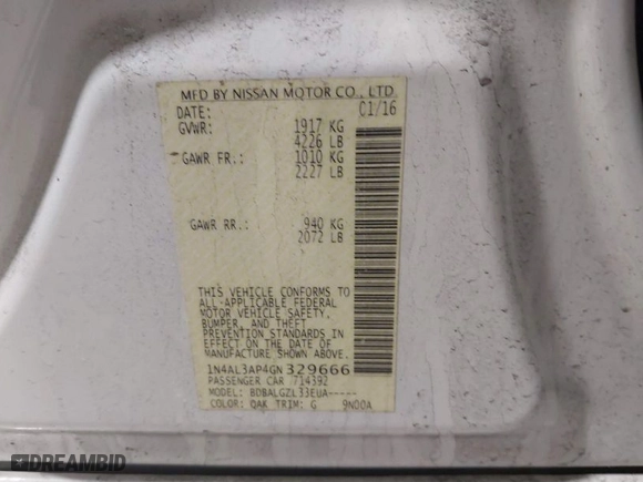 2016 Nissan Altima 2.5 SR with VIN 1N4AL3AP4GN329666, listed as a IAAI auction lot 41687425 with 177,040 mi miles. Bid and sale history available at carsss.com. Image 9.