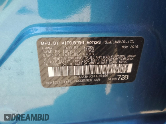 2017 Mitsubishi Mirage ES z VIN ML32A3HJ0HH015456, wystawiony jako Copart lot #54381915 z przebiegiem 51 715 mil mil oraz Szkoda całkowita • Salvage title. Historia ofert i sprzedaży dostępna na DreamBid. Obrazek 12.