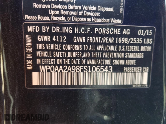 2015 Porsche 911 Carrera with VIN WP0AA2A98FS106543, listed as a Copart auction lot 73144614 with 16,987 mi miles and Salvage Title. Bid and sale history available at carsss.com. Image 13.