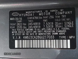 2016 Hyundai Tucson Eco with VIN KM8J3CA28GU217033, listed as a IAAI auction lot 41476238 with 76,311 mi miles. Bid and sale history available at carsss.com. Image 9.