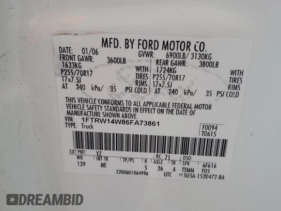2006 Ford F-150 XLT z VIN 1FTRW14W86FA73861, wystawiony jako Copart lot #55177615 z przebiegiem 180 393 mil mil oraz Szkoda całkowita • Salvage title. Historia ofert i sprzedaży dostępna na DreamBid. Obrazek 12.