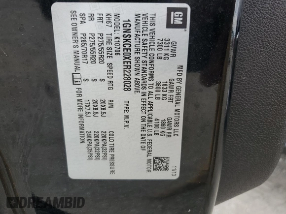 2014 Chevrolet Tahoe LTZ with VIN 1GNSKCE0XER228028, listed as a Copart auction lot 56971135 with 155,285 mi miles and Salvage title. Bid and sale history available at DreamBid. Image 12.