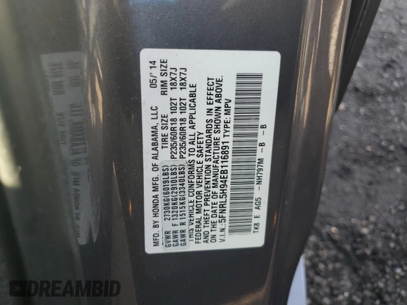 2014 Honda Odyssey Touring with VIN 5FNRL5H94EB116891, listed as a Copart auction lot 61400725 with 202,972 mi miles and Salvage title. Bid and sale history available at DreamBid. Image 13.