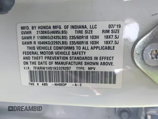 2019 Honda CR-V EX with VIN 7FARW1H51KE026207, listed as a IAAI auction lot 41998526 with 45,532 mi miles. Bid and sale history available at carsss.com. Image 9.