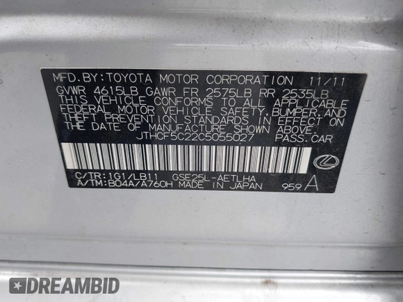2012 Lexus IS 250 with VIN JTHCF5C22C5055027, listed as a IAAI auction lot 41465580 with 167,686 mi miles and . Bid and sale history available at DreamBid. Image 9.