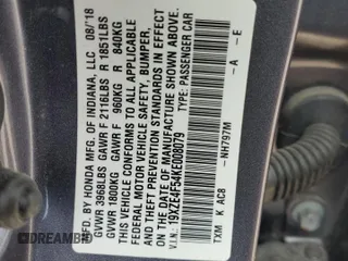 2019 Honda Insight EX with VIN 19XZE4F54KE008079, listed as a Copart auction lot 53714285 with 132,926 mi miles and Salvage Title. Bid and sale history available at DreamBid. Image 12.