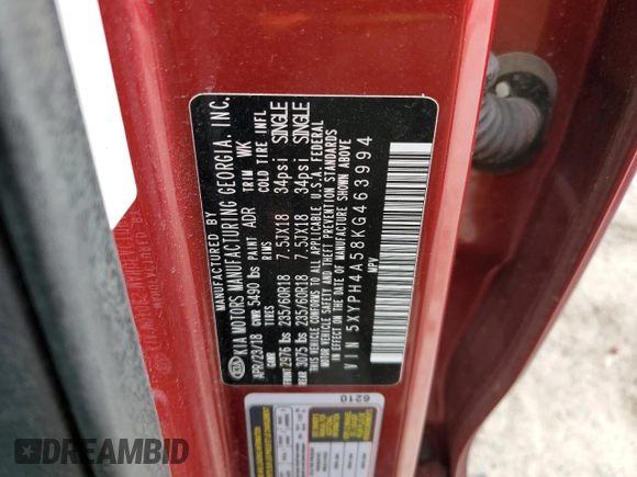 2019 Kia Sorento EX Sport with VIN 5XYPH4A58KG463994, listed as a Copart auction lot 44378215 with 100,514 mi miles and Salvage title. Bid and sale history available at DreamBid. Image 14.