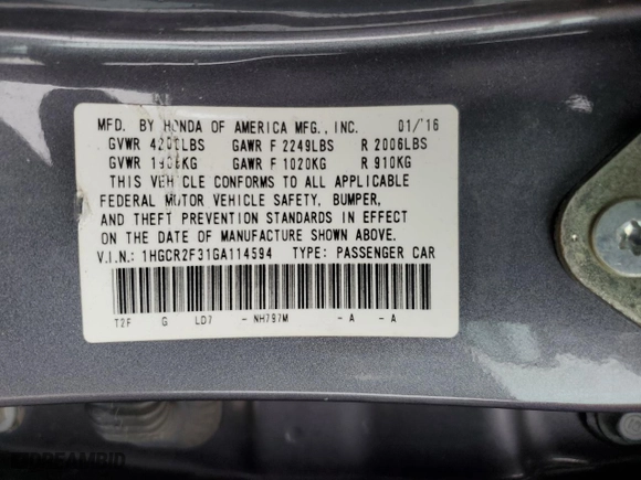 2016 Honda Accord Sedan LX with VIN 1HGCR2F31GA114594, listed as a Copart auction lot 51023265 with 139,451 mi miles and Salvage Title. Bid and sale history available at carsss.com. Image 14.