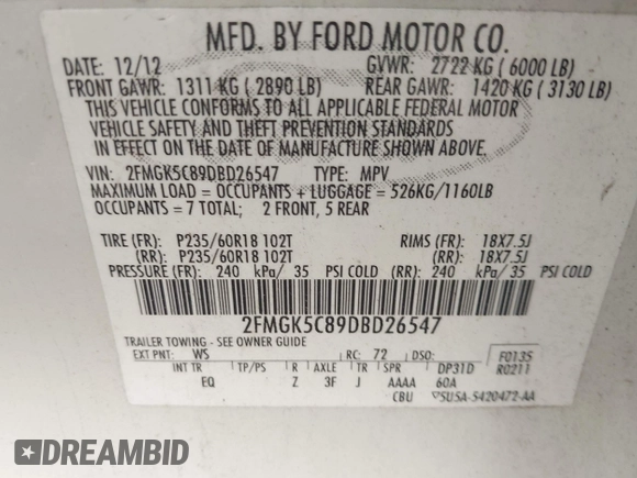 2013 Ford Flex SEL z VIN 2FMGK5C89DBD26547, wystawiony jako IAAI lot #42368585 z przebiegiem 188 178 mil mil oraz . Historia ofert i sprzedaży dostępna na DreamBid. Obrazek 9.