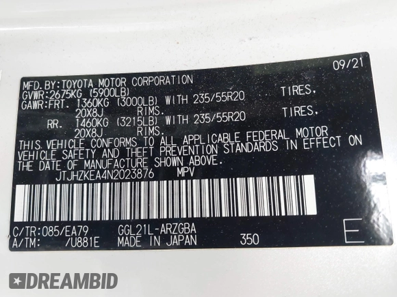 2022 Lexus RX 350L with VIN JTJHZKEA4N2023876, listed as a IAAI auction lot 42116084 with 8,841 mi miles and . Bid and sale history available at DreamBid. Image 9.