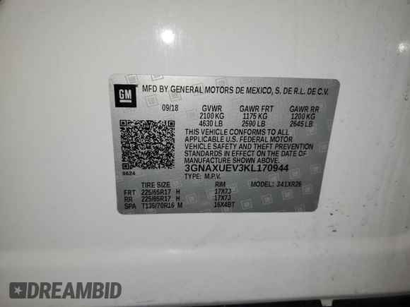 2019 Chevrolet Equinox LT with VIN 3GNAXUEV3KL170944, listed as a Copart auction lot 47460355 with 153,782 mi miles and Non Repairable. Bid and sale history available at carsss.com. Image 13.
