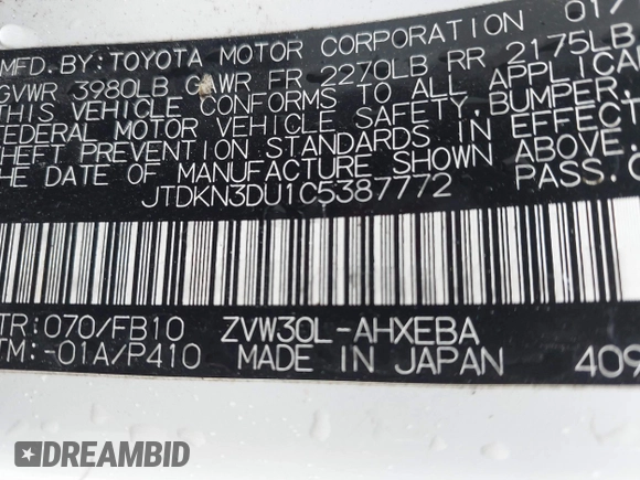 2012 Toyota Prius One with VIN JTDKN3DU1C5387772, listed as a IAAI auction lot 42176895 with 119,283 mi miles and . Bid and sale history available at DreamBid. Image 9.