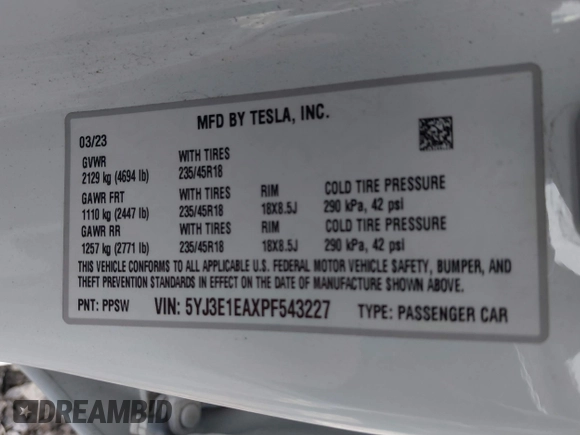 2023 Tesla Model 3 z VIN 5YJ3E1EAXPF543227, wystawiony jako IAAI lot #41150158 z przebiegiem 19 782 mil mil oraz . Historia ofert i sprzedaży dostępna na DreamBid. Obrazek 9.