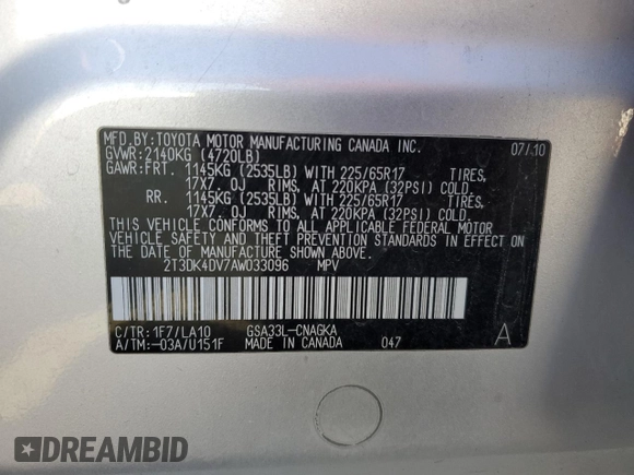 2010 Toyota RAV4 Limited with VIN 2T3DK4DV7AW033096, listed as a Copart auction lot 58050635 with 121,866 mi miles and Salvage title. Bid and sale history available at DreamBid. Image 13.