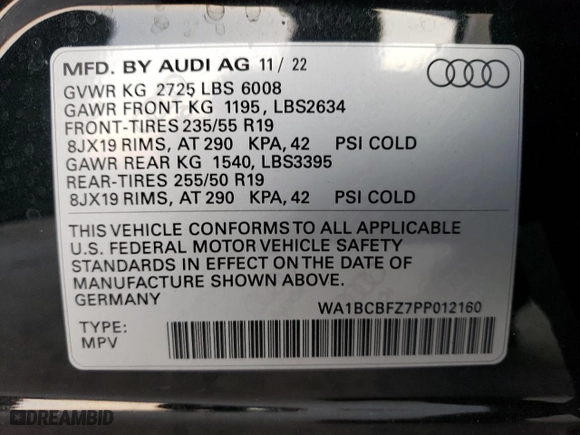 2023 Audi Q4 e-tron Premium Plus with VIN WA1BCBFZ7PP012160, listed as a Copart auction lot 64796053 with NaN miles. Bid and sale history available at carsss.com. Image 14.