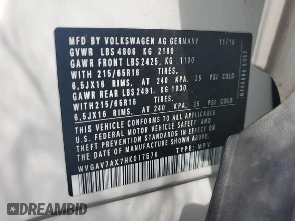 2017 Volkswagen Tiguan S with VIN WVGAV7AX7HK017576, listed as a Copart auction lot 58487455 with 100,034 mi miles and Salvage title. Bid and sale history available at DreamBid. Image 13.