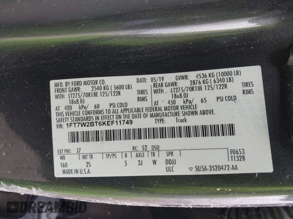 2019 Ford F-250 XL с VIN 1FT7W2BT6KEF11749, выставлен на аукционе IAAI как лот 42200362 с пробегом 148 508 миль миль и . История ставок и продаж доступна на DreamBid. Изображение 9.