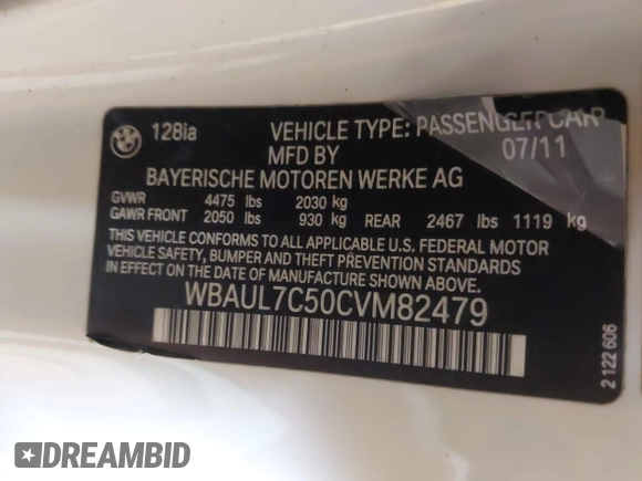 2012 BMW 1 Series 128i с VIN WBAUL7C50CVM82479, выставлен на аукционе IAAI как лот 42447894 с пробегом 166 093 миль миль и . История ставок и продаж доступна на DreamBid. Изображение 9.