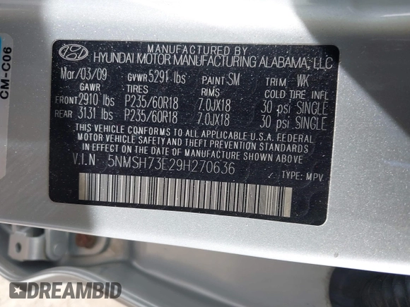 2009 Hyundai Santa Fe SE with VIN 5NMSH73E29H270636, listed as a IAAI auction lot 41868760 with 161,651 mi miles and . Bid and sale history available at DreamBid. Image 9.
