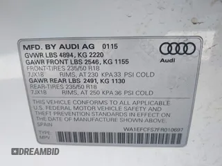 2015 Audi Q3 Premium Plus with VIN WA1EFCFS7FR010697, listed as a IAAI auction lot 41948566 with 167,001 mi miles and . Bid and sale history available at DreamBid. Image 9.