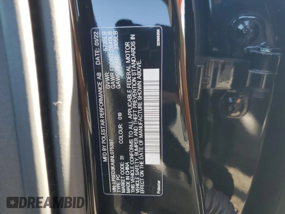 2022 Polestar 2 with VIN LPSED3KA8NL075397, listed as a Copart auction lot 42234255 with 26,071 mi miles and Salvage Title. Bid and sale history available at DreamBid. Image 12.