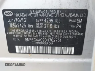 2013 Hyundai Sonata Limited with VIN 5NPEC4AC9DH762751, listed as a IAAI auction lot 42261110 with 159,824 mi miles and . Bid and sale history available at DreamBid. Image 9.