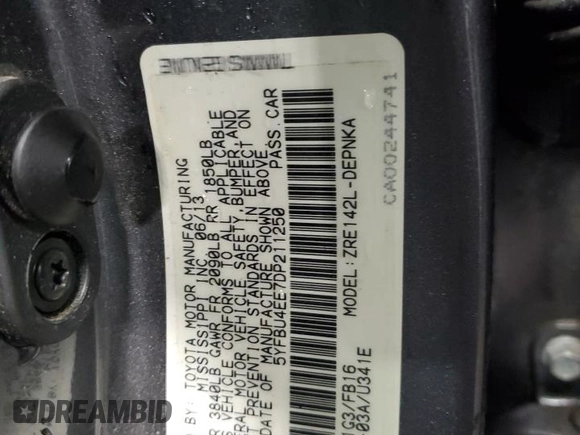2013 Toyota Corolla L with VIN 5YFBU4EE7DP211250, listed as a Copart auction lot 53884715 with 70,723 mi miles and Salvage Title. Bid and sale history available at DreamBid. Image 12.