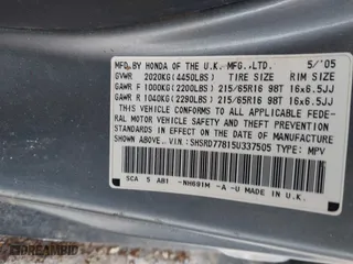 2005 Honda CR-V EX with VIN SHSRD77815U337505, listed as a IAAI auction lot 41441557 with 268,640 mi miles. Bid and sale history available at carsss.com. Image 9.