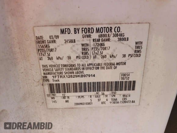 2009 Ford F-150 STX with VIN 1FTRX12829KB97914, listed as a Copart auction lot 56244425 with 264,622 mi miles and Salvage title. Bid and sale history available at DreamBid. Image 12.