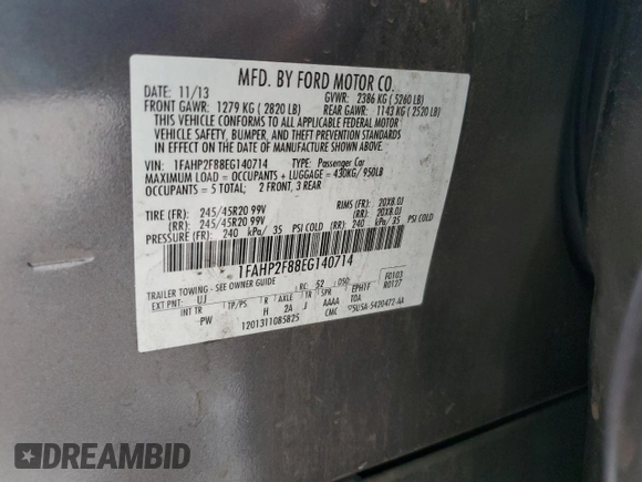 2014 Ford Taurus Limited с VIN 1FAHP2F88EG140714, выставлен на аукционе Copart как лот 58311785 с пробегом 74 794 миль миль и Списание • Salvage title. История ставок и продаж доступна на DreamBid. Изображение 12.