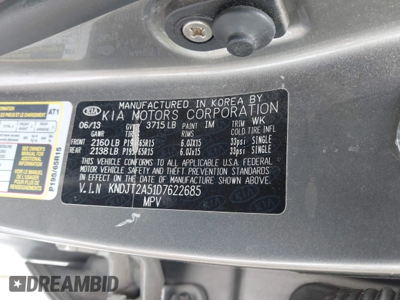 2013 Kia Soul with VIN KNDJT2A51D7622685, listed as a IAAI auction lot 42114664 with 96,453 mi miles. Bid and sale history available at carsss.com. Image 9.