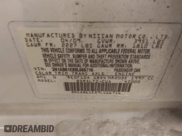 2009 Nissan Sentra FE+ with VIN 3N1AB61E89L666716, listed as a IAAI auction lot 41617496 with 125,539 mi miles and . Bid and sale history available at DreamBid. Image 9.