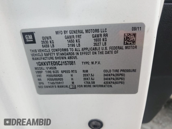 2012 GMC Acadia Denali with VIN 1GKKVTED5CJ157081, listed as a Copart auction lot 59781505 with 146,424 mi miles and Salvage title. Bid and sale history available at DreamBid. Image 13.