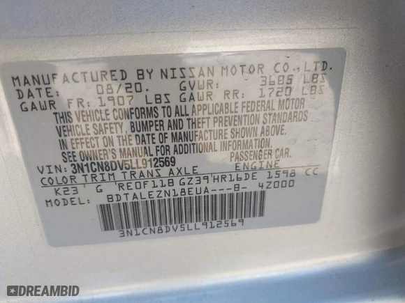 2020 Nissan Versa S with VIN 3N1CN8DV5LL912569, listed as a IAAI auction lot 41762045 with 24,216 mi miles. Bid and sale history available at carsss.com. Image 9.