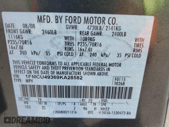 2009 Ford Escape Hybrid с VIN 1FMCU49369KA28582, выставлен на аукционе Copart как лот 62961455 с пробегом 114 945 миль миль и Чистый • Clean title. История ставок и продаж доступна на DreamBid. Изображение 13.