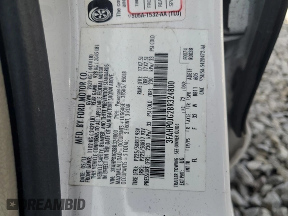 2011 Ford Fusion SEL with VIN 3FAHP0JG2BR324800, listed as a Copart auction lot 44075955 with 155,890 mi miles and Salvage Title. Bid and sale history available at DreamBid. Image 12.